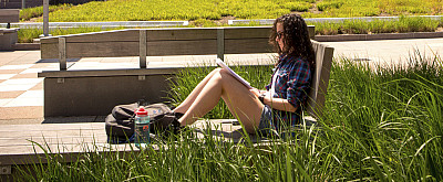 A student reading papers outside