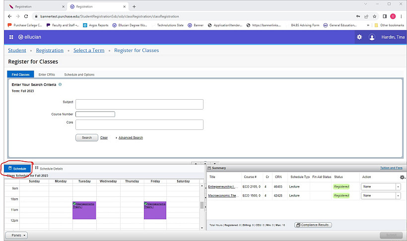 The Schedule pane is circled in red. Classes are displayed in purple on a grid.