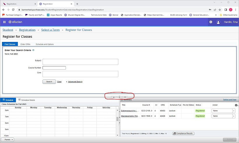 Register for classes screen with pane resizing buttons circled in red