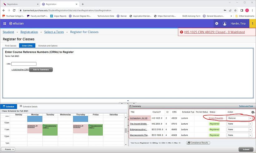 In the Summary pane, an Archaeology class is listed. The error status is shown in red. The Action menu reads remove. Both are circled in red