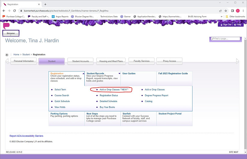 Image shows MyHeliotrope, Student menu selected with Registration sub-menu open. Add or Drop Classes NEW is circled in red.