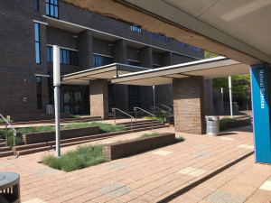 View of the main plaza entrance into the Natural Science building.