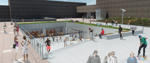 Design rendering of new Entry Pavilion courtyard from the Plaza level.