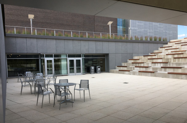 View of the CMFT building from the Entry Pavilion courtyard.
