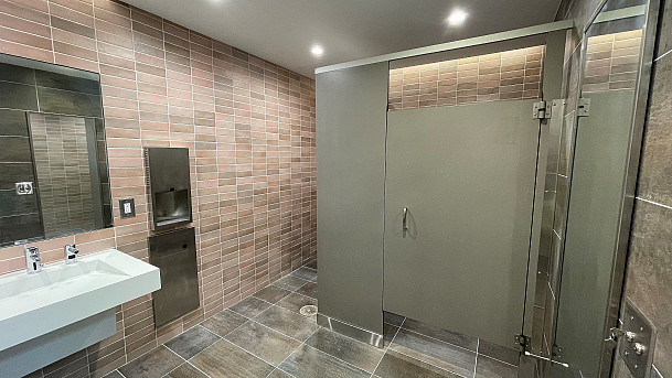 View of new Men's restroom in Campus Center South.