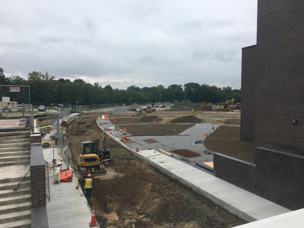 View of the West 1 pedestrian island and roadway under construction