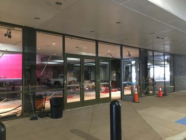 View of new doors being installed at the PAC main lobby entrance.