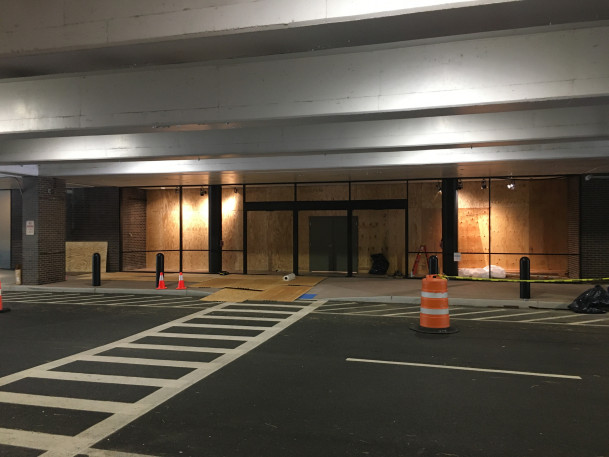 View of new storefront and doors being installed at PAC main entrance.