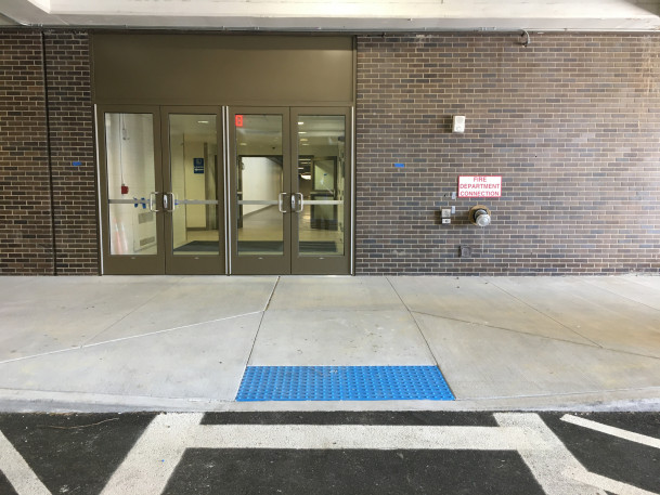 View of new doors to the lobby for the PAC exterior elevator to plaza.