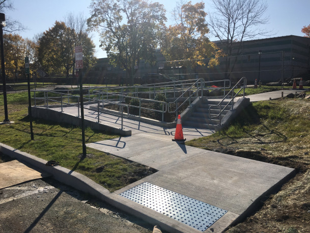 View of new stairs & ramp to the bus stop nearing completion.
