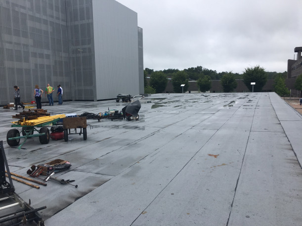 View of Bookstore roof nearing completion.