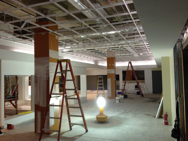 View of Mailroom lobby under construction looking toward the service counter