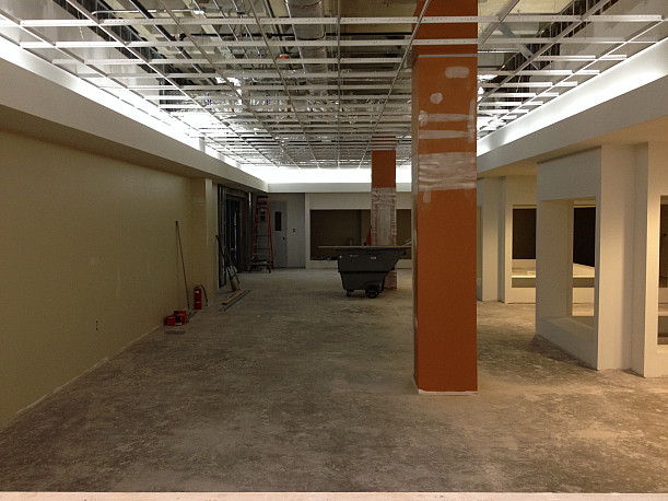 View of the new Mailroom lobby under construction looking West.
