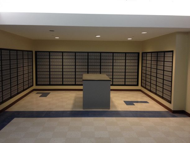 View of one of the mailbox coves with newly installed mailboxes.