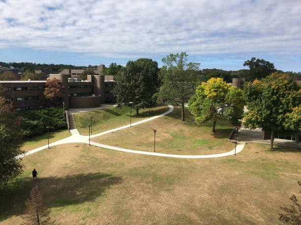 Aerial view of new pathways in Quad