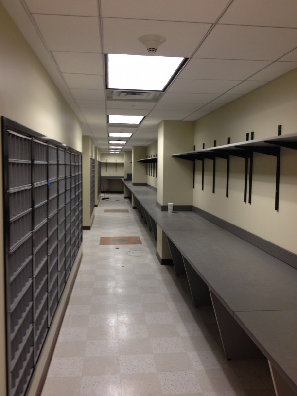 View of work area behind the newly installed mailboxes.